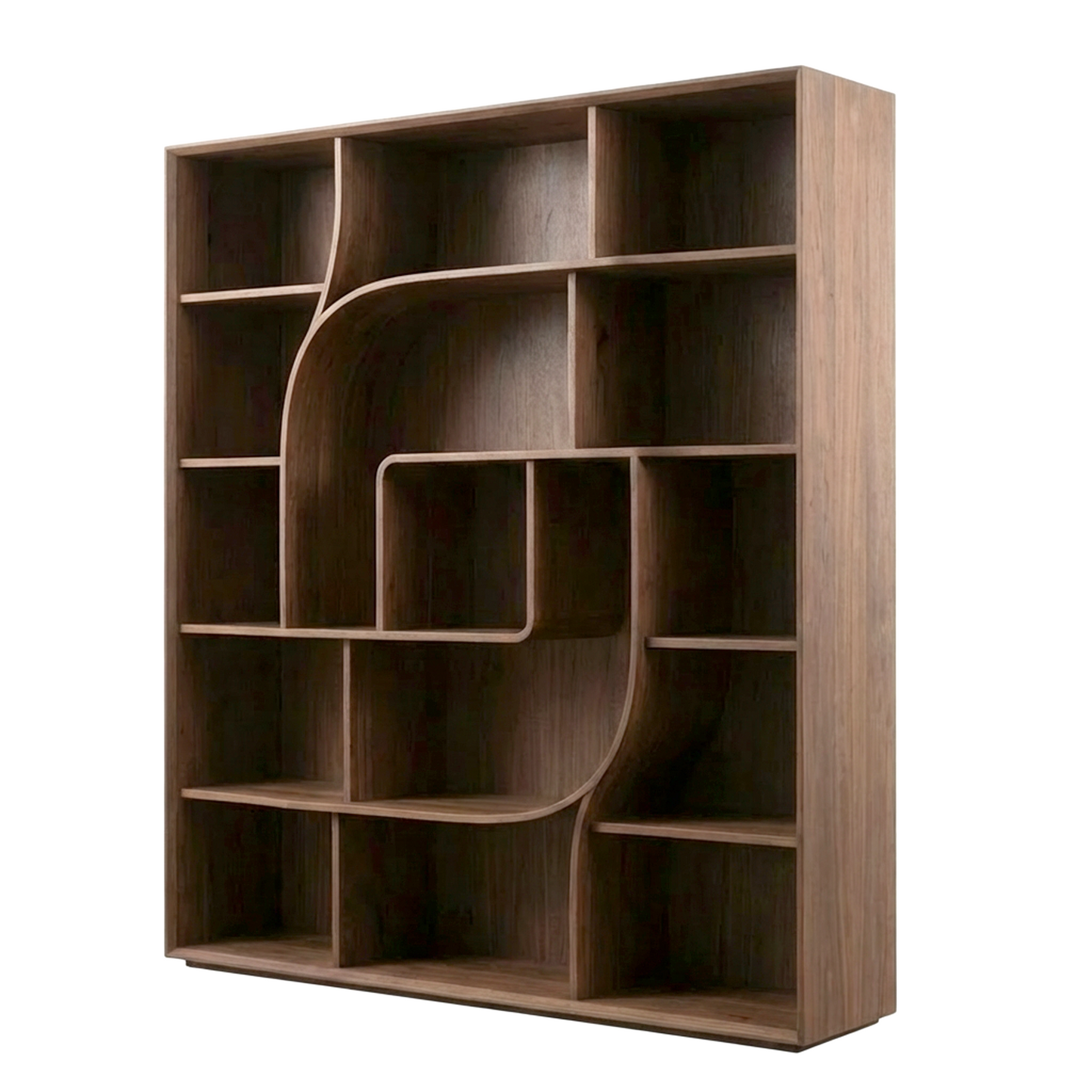 Modern Sculptural Open Bookcase – Walnut Finish Geometric Display Shelf with Curved Divider Design