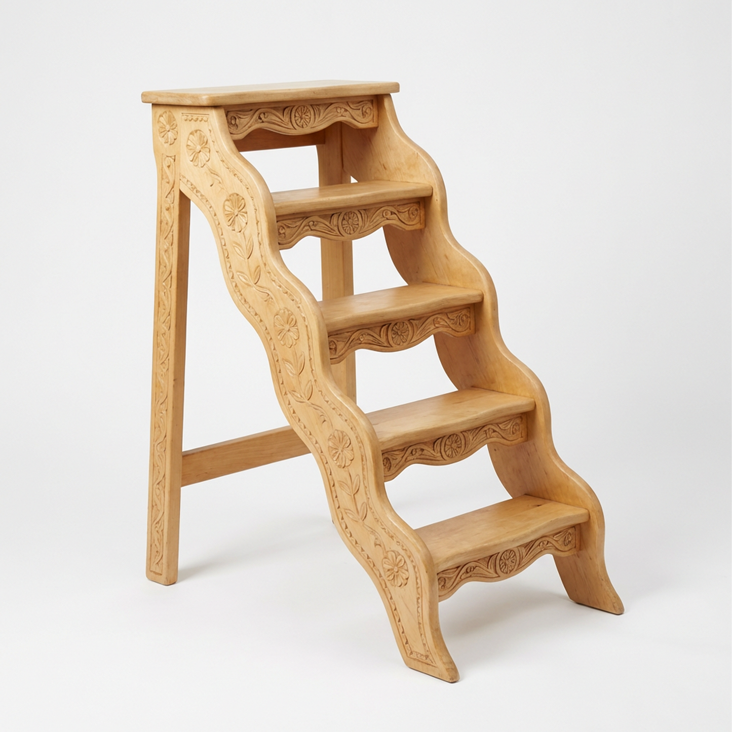 Hand-Carved Wooden Step Stool Ladder – Vintage Floral 5-Step Display & Library Stairs