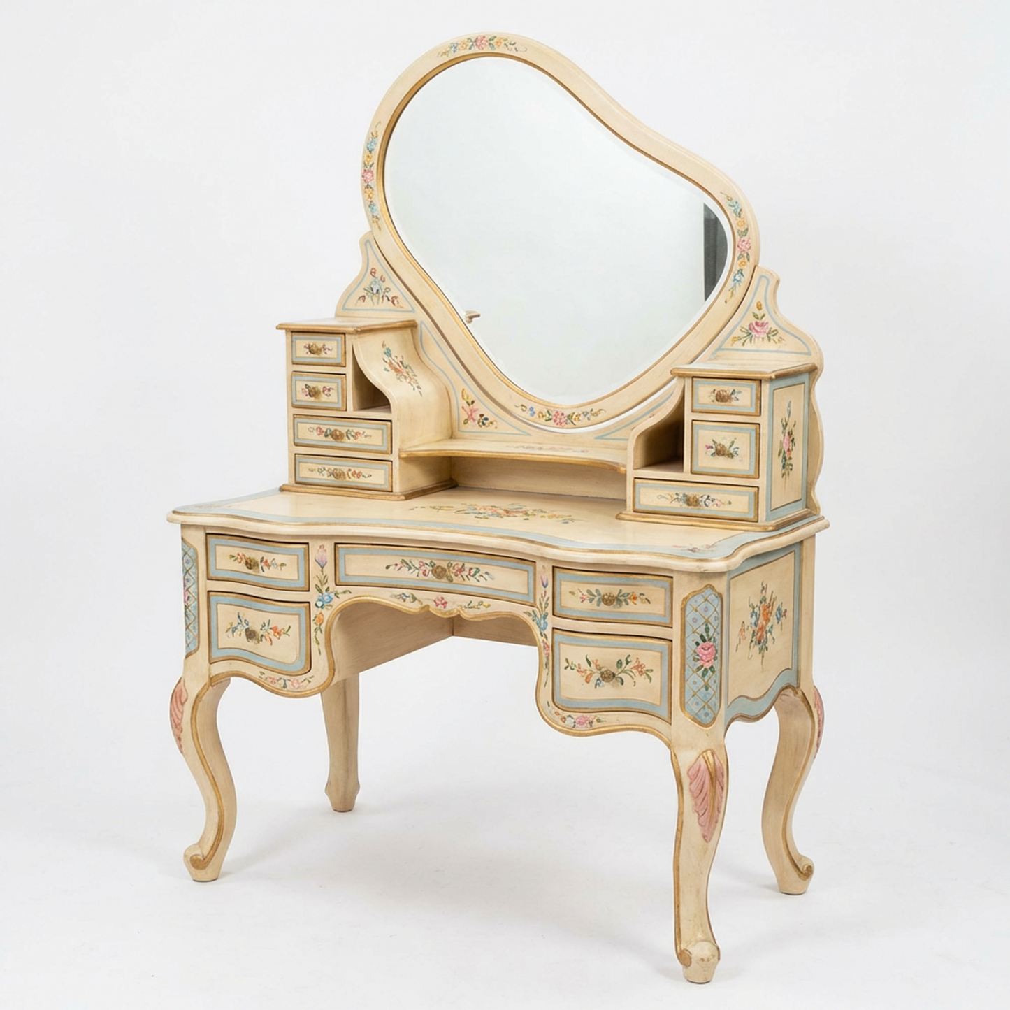 Vintage French-Style Hand-Painted Vanity Table Set – Antique Cream Dressing Table with Oval Mirror & Multi-Drawer Storage