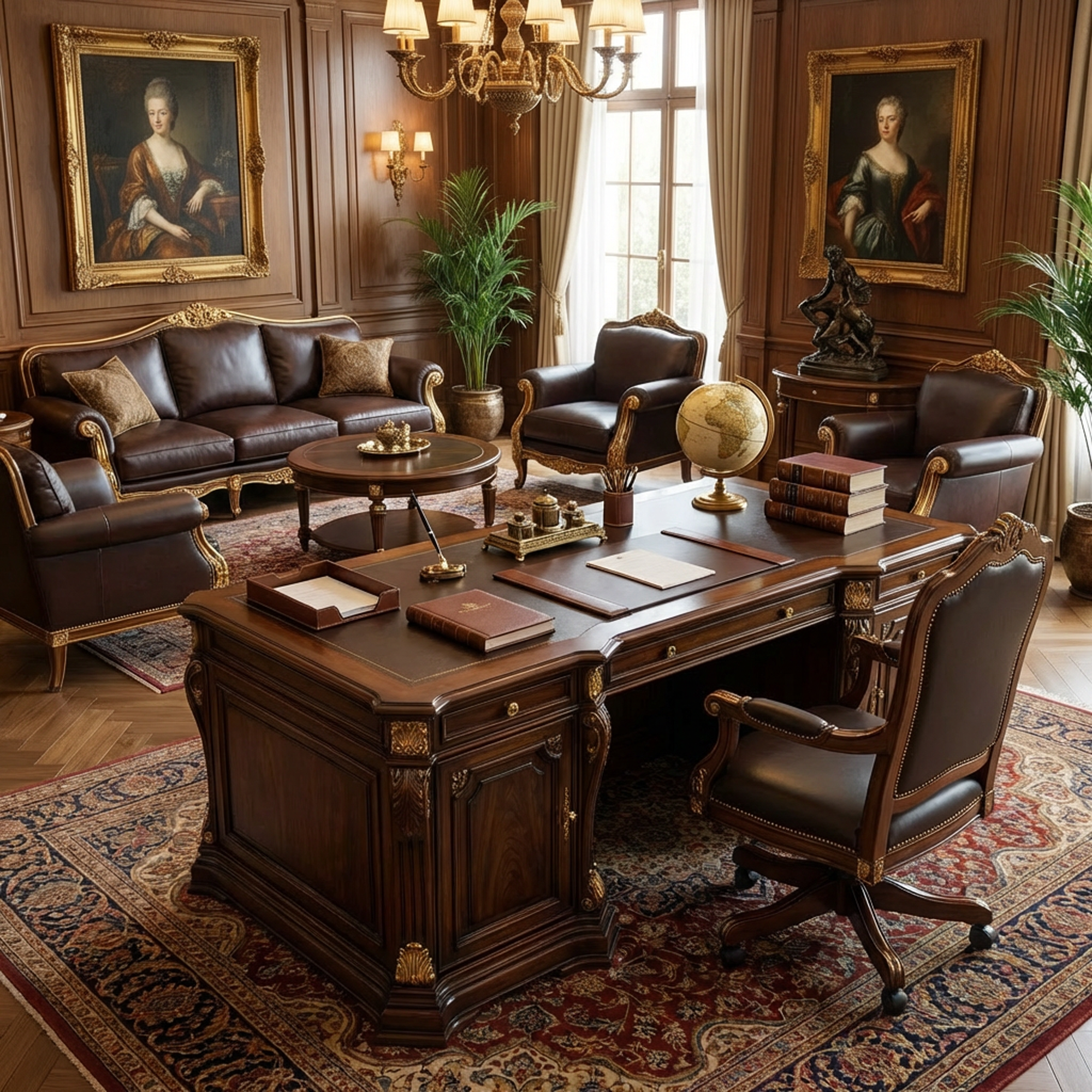 Executive Classic Dark Wood Desk – Traditional Office Desk with Gold-Tone Accents and Storage Cabinets