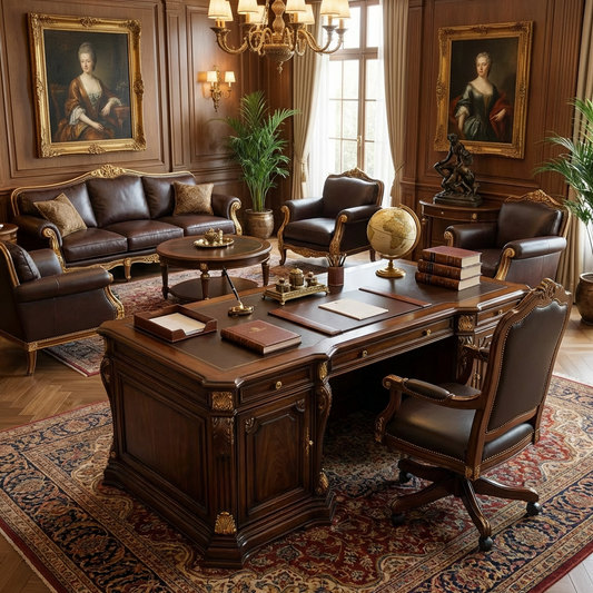 Executive Classic Dark Wood Desk – Traditional Office Desk with Gold-Tone Accents and Storage Cabinets