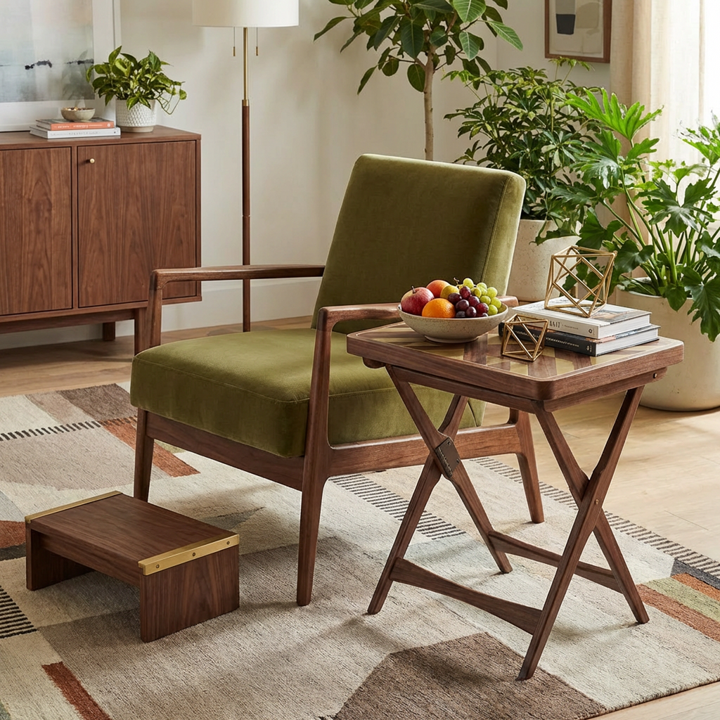 Geometric Inlay Folding Side Table – Walnut Wood Tray-Top Snack Table with X-Leg Base