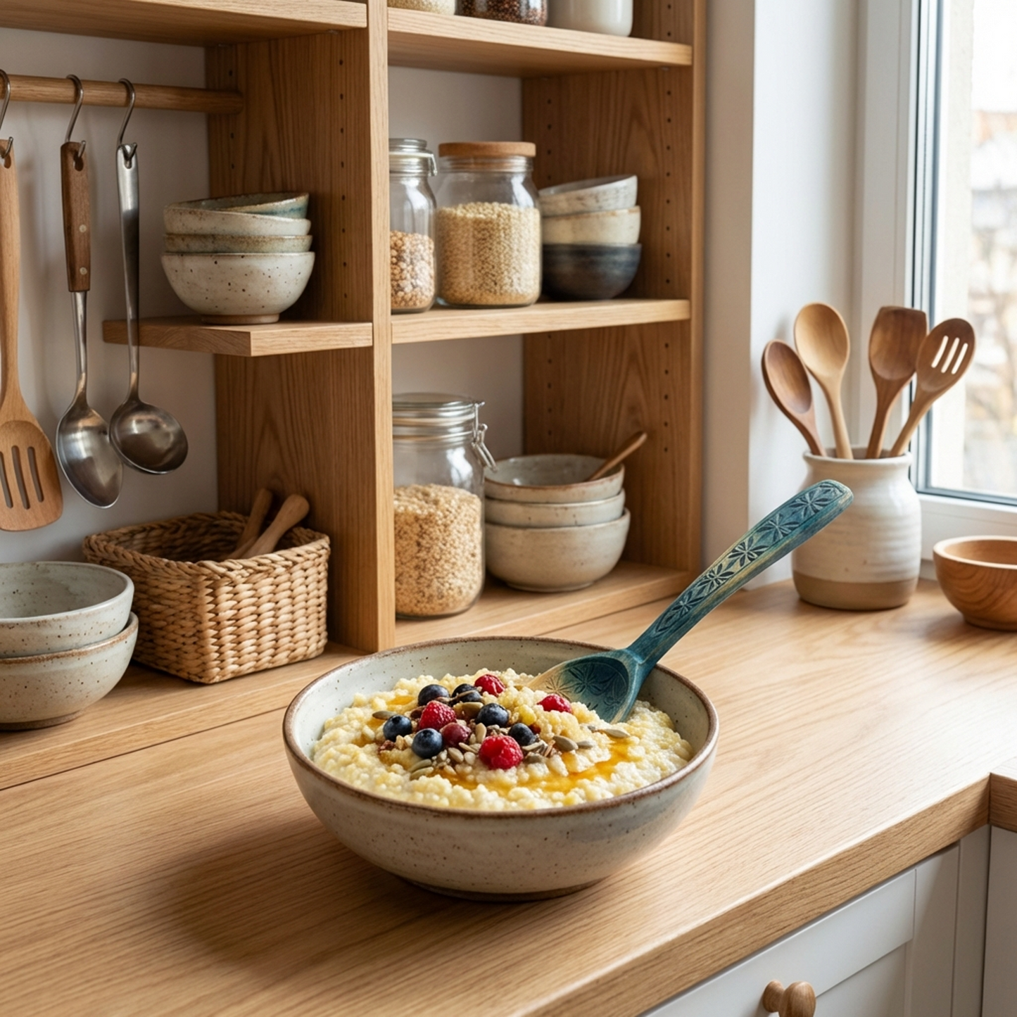 Hand-Carved Wooden Spoon – Floral Engraved Serving Spoon with Blue Wash Finish