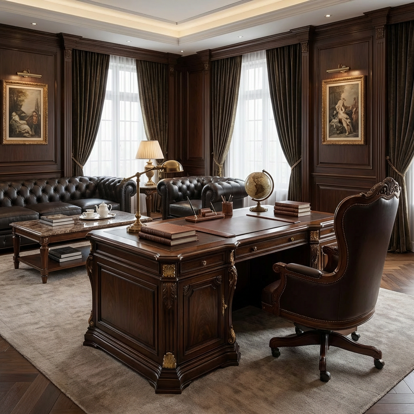 Executive Classic Dark Wood Desk – Traditional Office Desk with Gold-Tone Accents and Storage Cabinets
