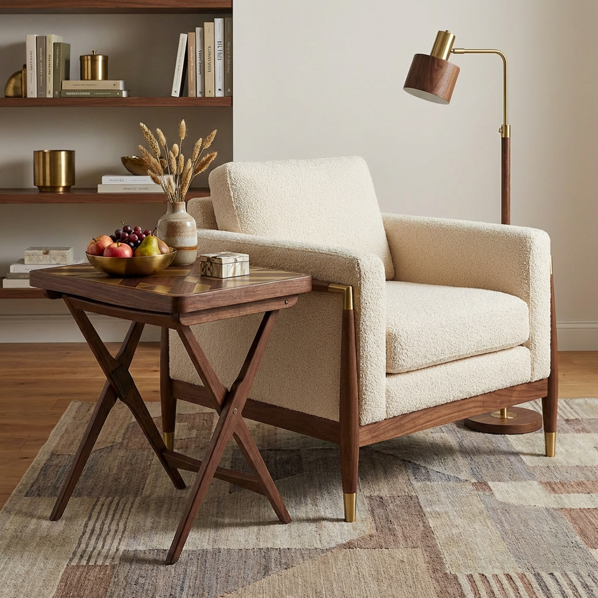 Geometric Inlay Folding Side Table – Walnut Wood Tray-Top Snack Table with X-Leg Base