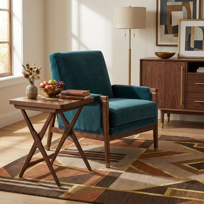 Geometric Inlay Folding Side Table – Walnut Wood Tray-Top Snack Table with X-Leg Base