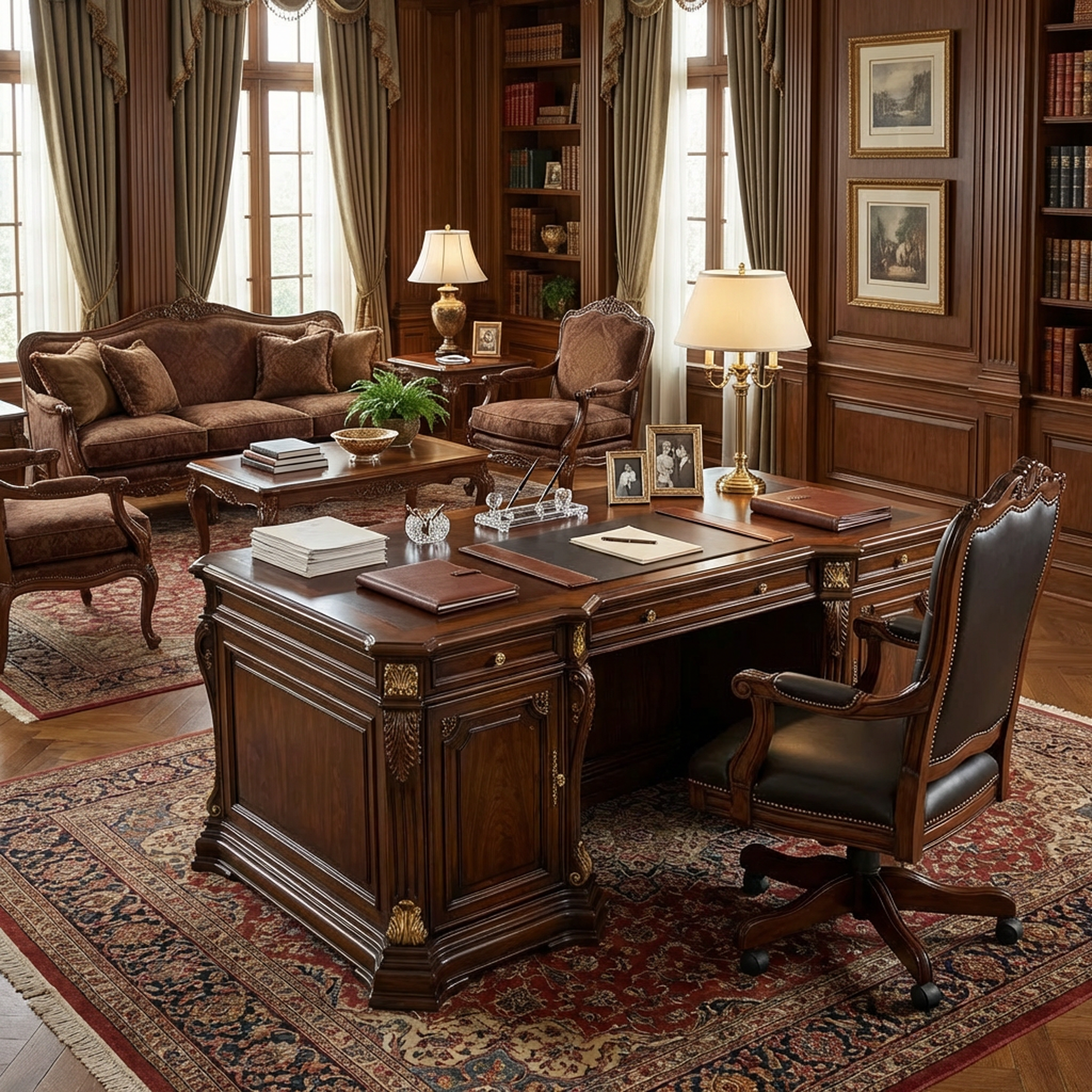 Executive Classic Dark Wood Desk – Traditional Office Desk with Gold-Tone Accents and Storage Cabinets