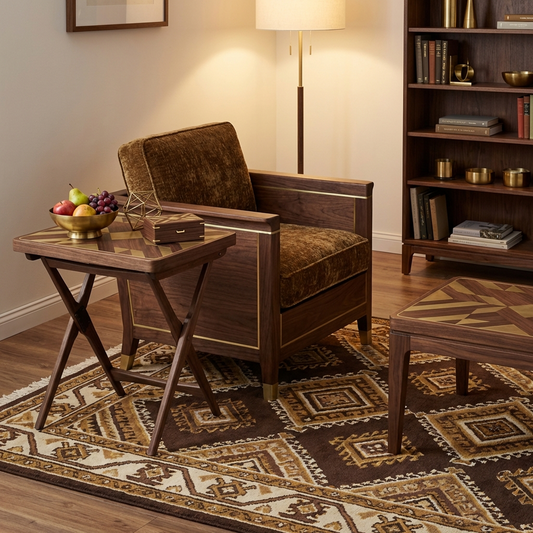 Geometric Inlay Folding Side Table – Walnut Wood Tray-Top Snack Table with X-Leg Base