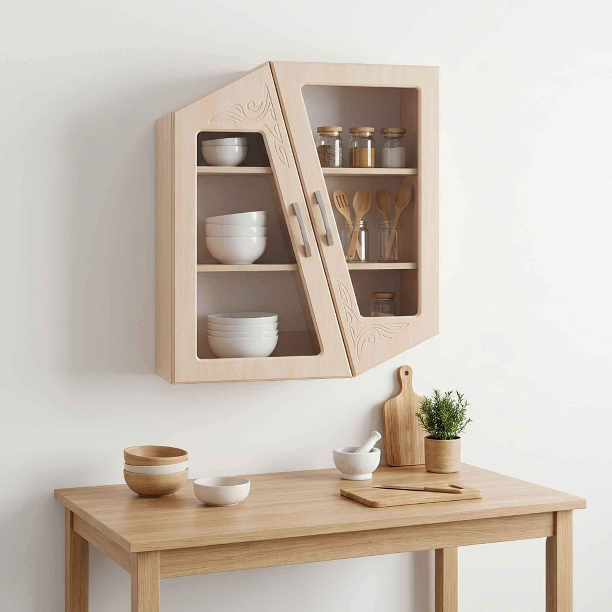 Modern Asymmetrical Wall Cabinet – Light Wood Hanging Storage with Glass Doors &amp; Carved Detail
