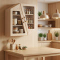 Modern Asymmetrical Wall Cabinet – Light Wood Hanging Storage with Glass Doors &amp; Carved Detail