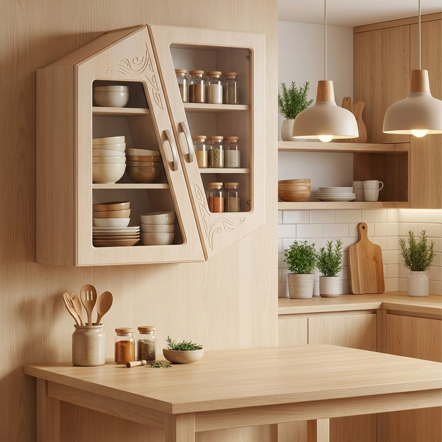 Modern Asymmetrical Wall Cabinet – Light Wood Hanging Storage with Glass Doors &amp; Carved Detail