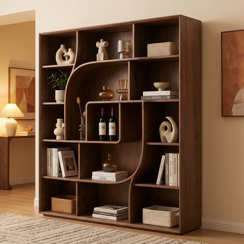 Modern Sculptural Open Bookcase – Walnut Finish Geometric Display Shelf with Curved Divider Design