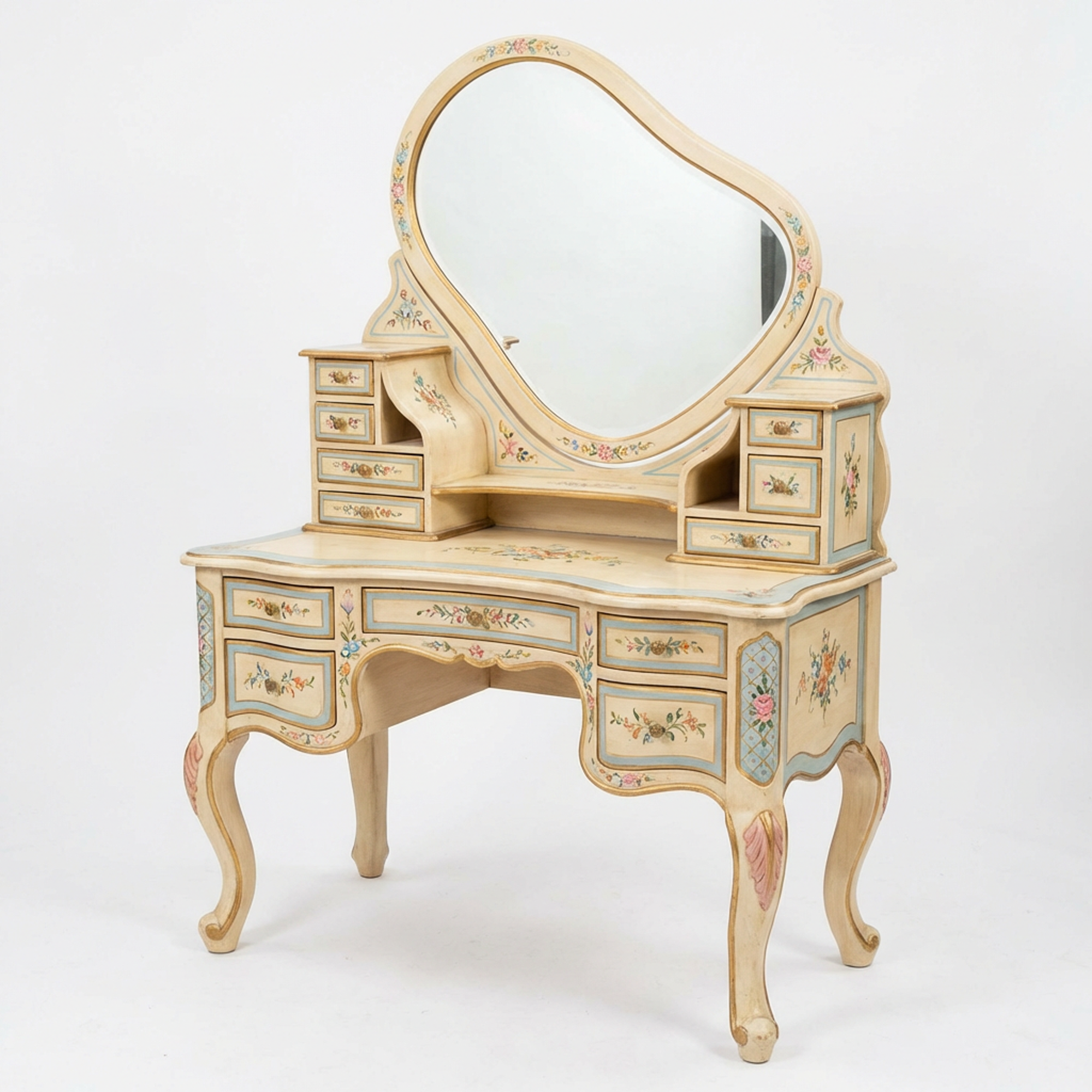 Vintage French-Style Hand-Painted Vanity Table Set – Antique Cream Dressing Table with Oval Mirror &amp; Multi-Drawer Storage