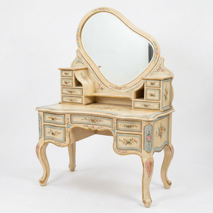 Vintage French-Style Hand-Painted Vanity Table Set – Antique Cream Dressing Table with Oval Mirror &amp; Multi-Drawer Storage