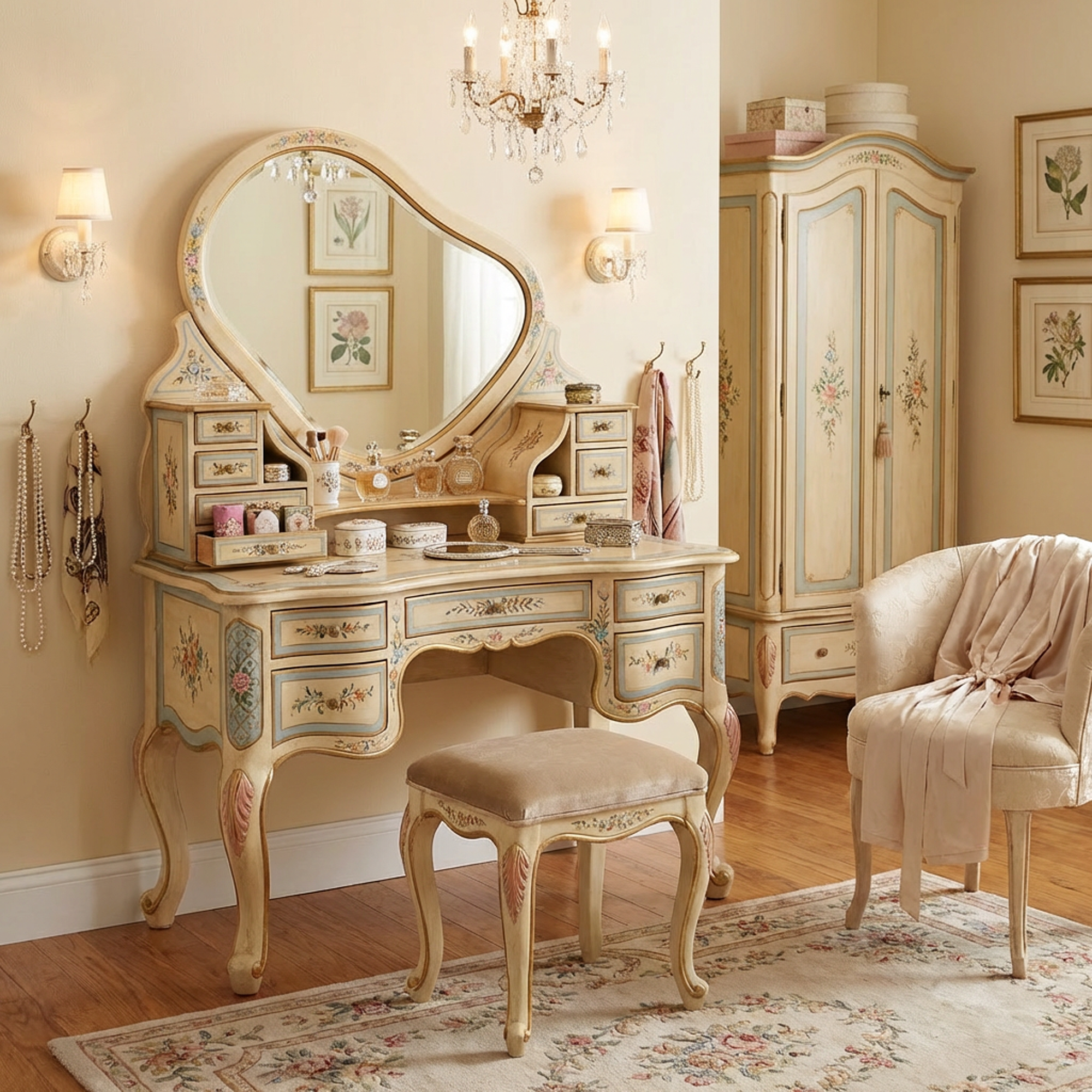 Vintage French-Style Hand-Painted Vanity Table Set – Antique Cream Dressing Table with Oval Mirror &amp; Multi-Drawer Storage