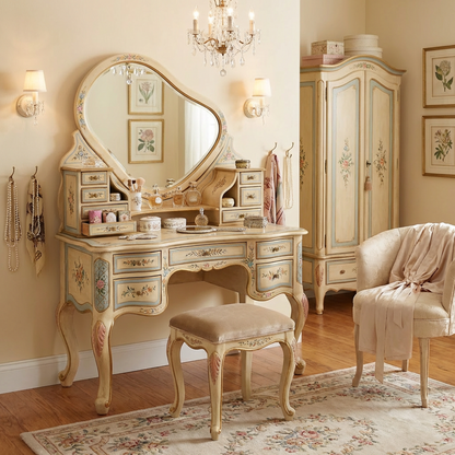 Vintage French-Style Hand-Painted Vanity Table Set – Antique Cream Dressing Table with Oval Mirror &amp; Multi-Drawer Storage