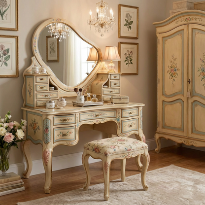 Vintage French-Style Hand-Painted Vanity Table Set – Antique Cream Dressing Table with Oval Mirror &amp; Multi-Drawer Storage