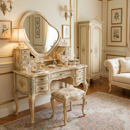 Vintage French-Style Hand-Painted Vanity Table Set – Antique Cream Dressing Table with Oval Mirror &amp; Multi-Drawer Storage