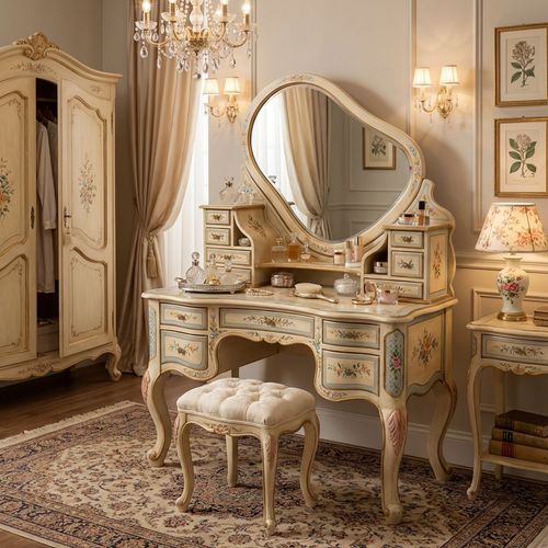 Vintage French-Style Hand-Painted Vanity Table Set – Antique Cream Dressing Table with Oval Mirror &amp; Multi-Drawer Storage