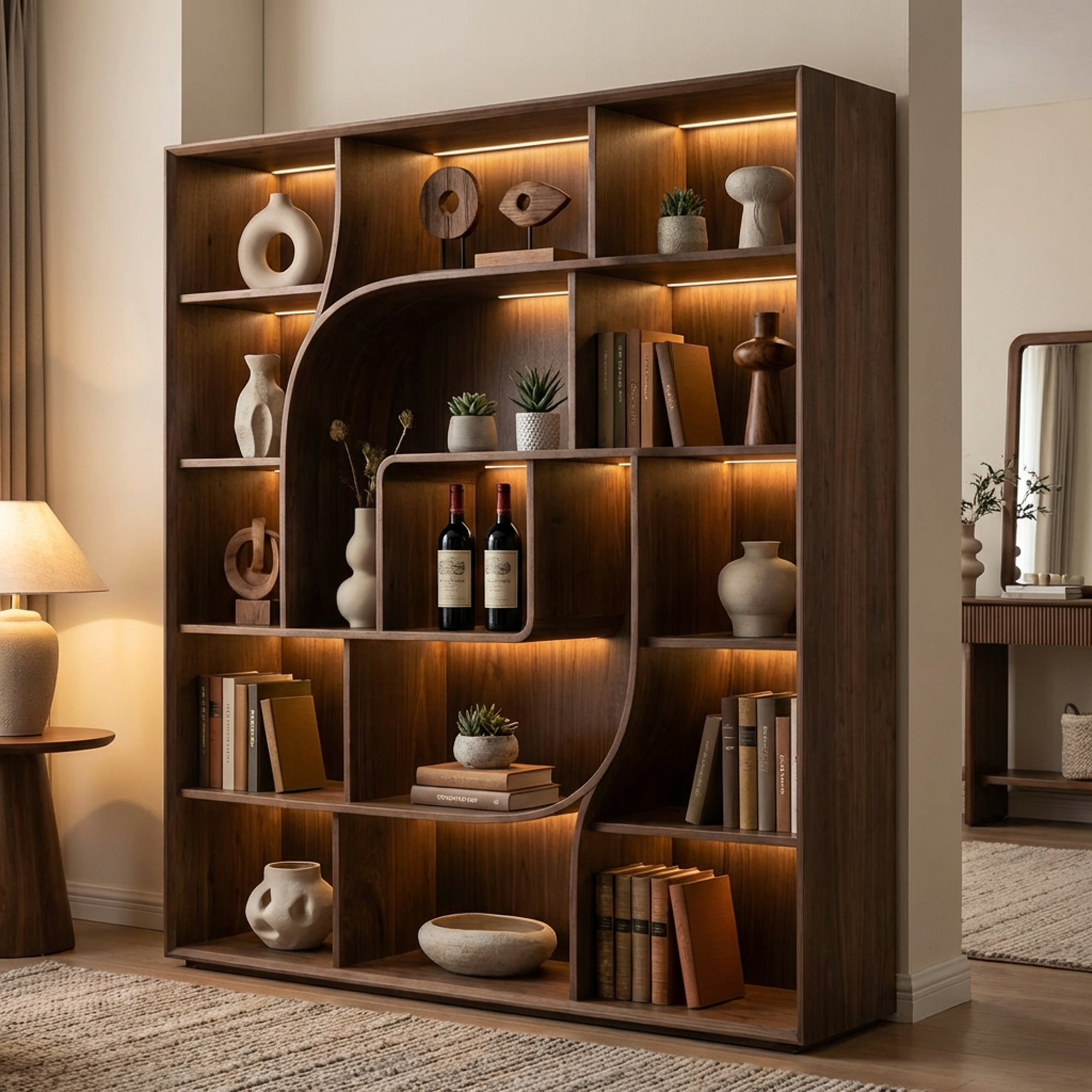 Modern Sculptural Open Bookcase – Walnut Finish Geometric Display Shelf with Curved Divider Design
