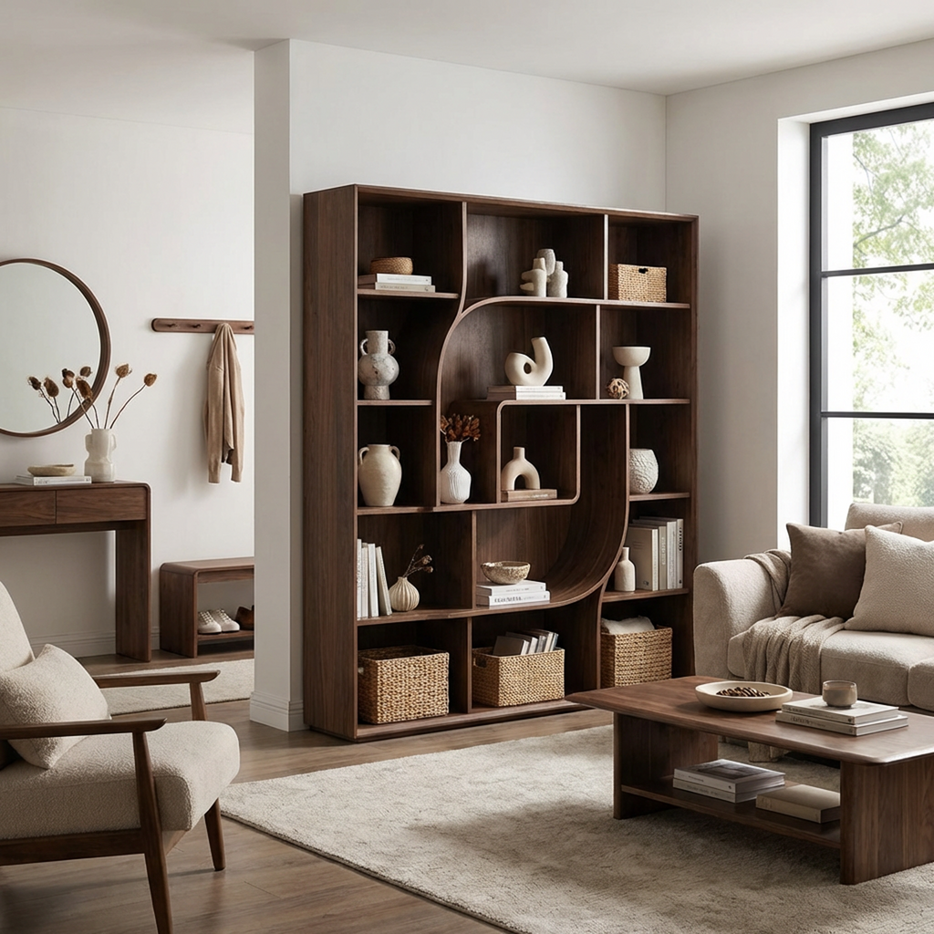 Modern Sculptural Open Bookcase – Walnut Finish Geometric Display Shelf with Curved Divider Design