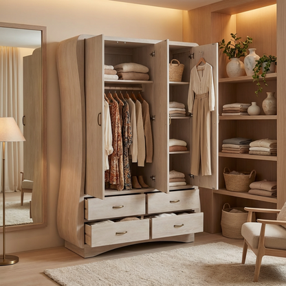 Modern Light Wood Wardrobe Armoire – Curved-Edge 2-Door Closet with Hanging Rod, Shelves&nbsp;