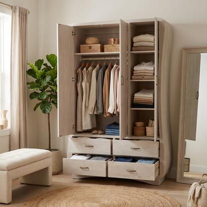 Modern Light Wood Wardrobe Armoire – Curved-Edge 2-Door Closet with Hanging Rod, Shelves&nbsp;