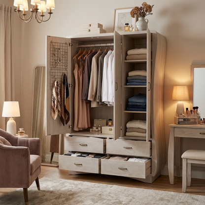 Modern Light Wood Wardrobe Armoire – Curved-Edge 2-Door Closet with Hanging Rod, Shelves&nbsp;